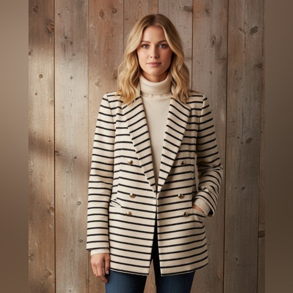 Judith & Charles Tan Striped Linen Cotton Nautical Blazer Jacket Size 6 Classic - Picture 1 of 16